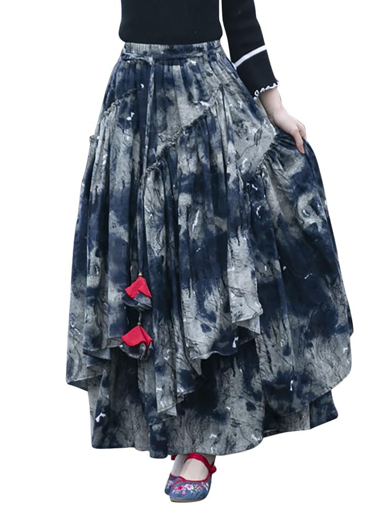 IDEALSANXUN Gonna lunga da donna con elastico in vita Aline foderato in cotone retrò Maxi orlo plissettato, Stampa 001, L