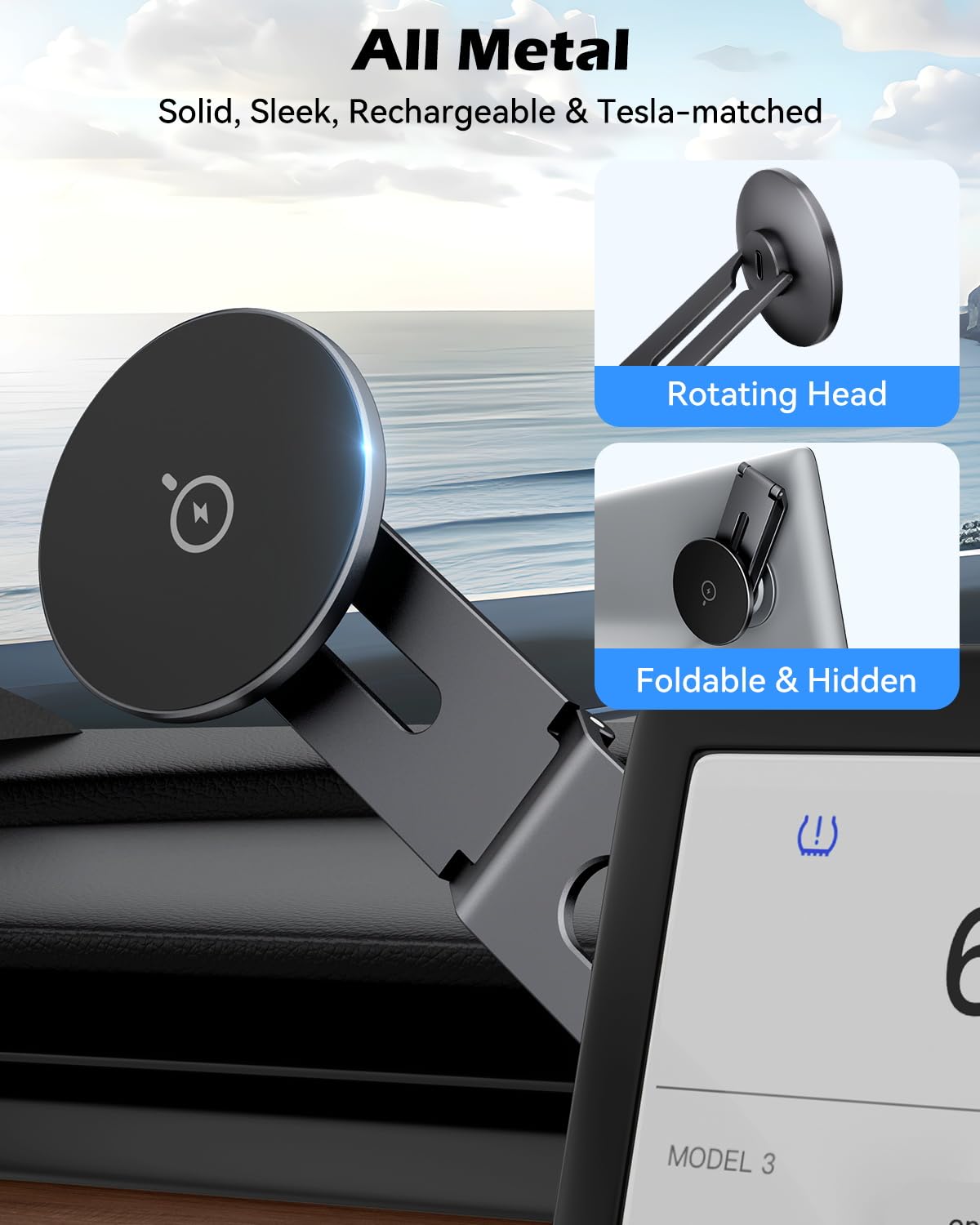 CloudValley Supporto per telefono 15W con ricarica integrata per Tesla Model 3/Y/Juniper/Cybertruck, supporto magnetico metallico auto ruotabile a 360°, design pieghevole ed estensibile a scomparsa
