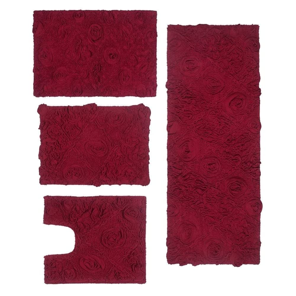 Functional Durable Red Maroon Cotton Bathroom Rugs Sets 4 Piece with Pretty Floral Tufted Pattern On Solid Background