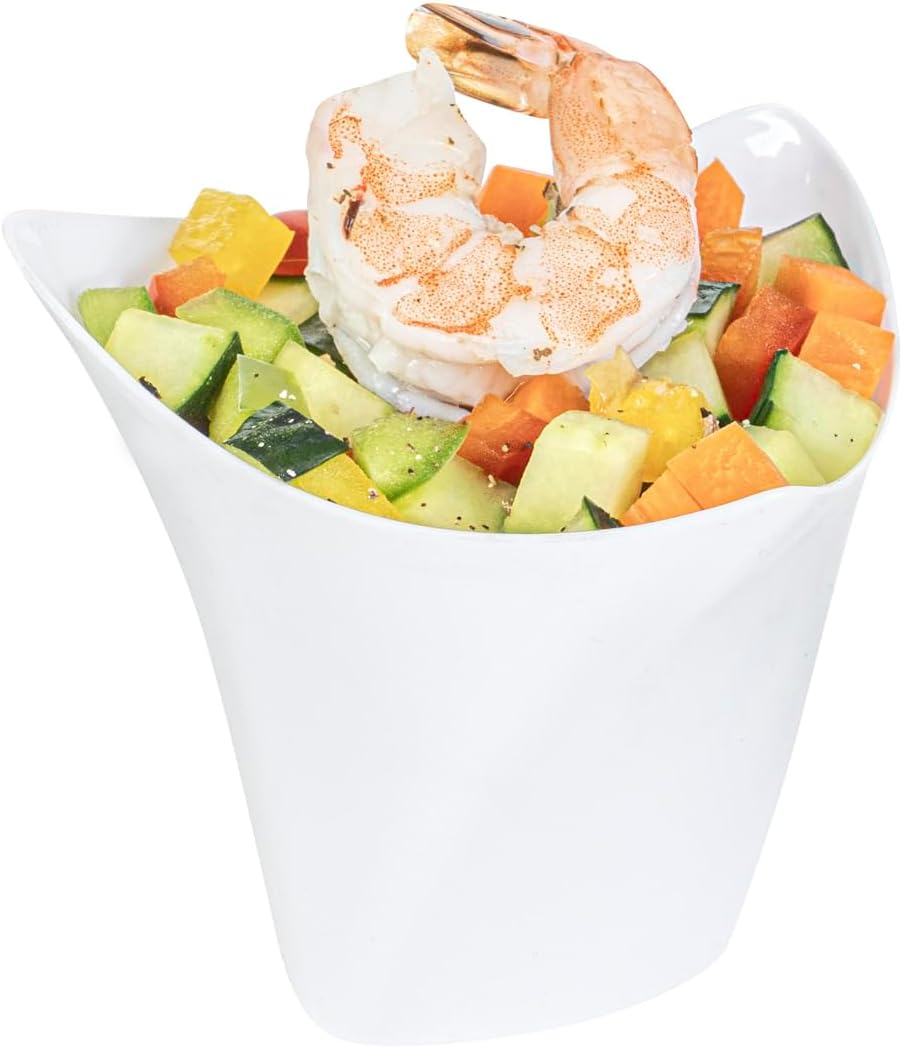 Restaurantware 4 Ounce Small Serving Cups 100 Triangular Dessert Shooters - Disposable Crescendo Design White Plastic Mini Dessert Cups Serve Appetizers Tastings And Snacks