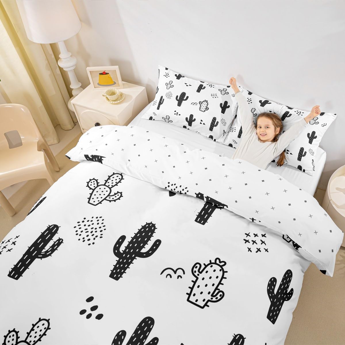 Cactus Duvet Cover Sets Twin Size,Cartoon Desert Plants Comforter Cover 2pcs,Kids Boys Girls Bedroom Decor Black White Bedding Set Abstract Geometric Dot Hand Draw Quilt Cover with 1 Pillowcase