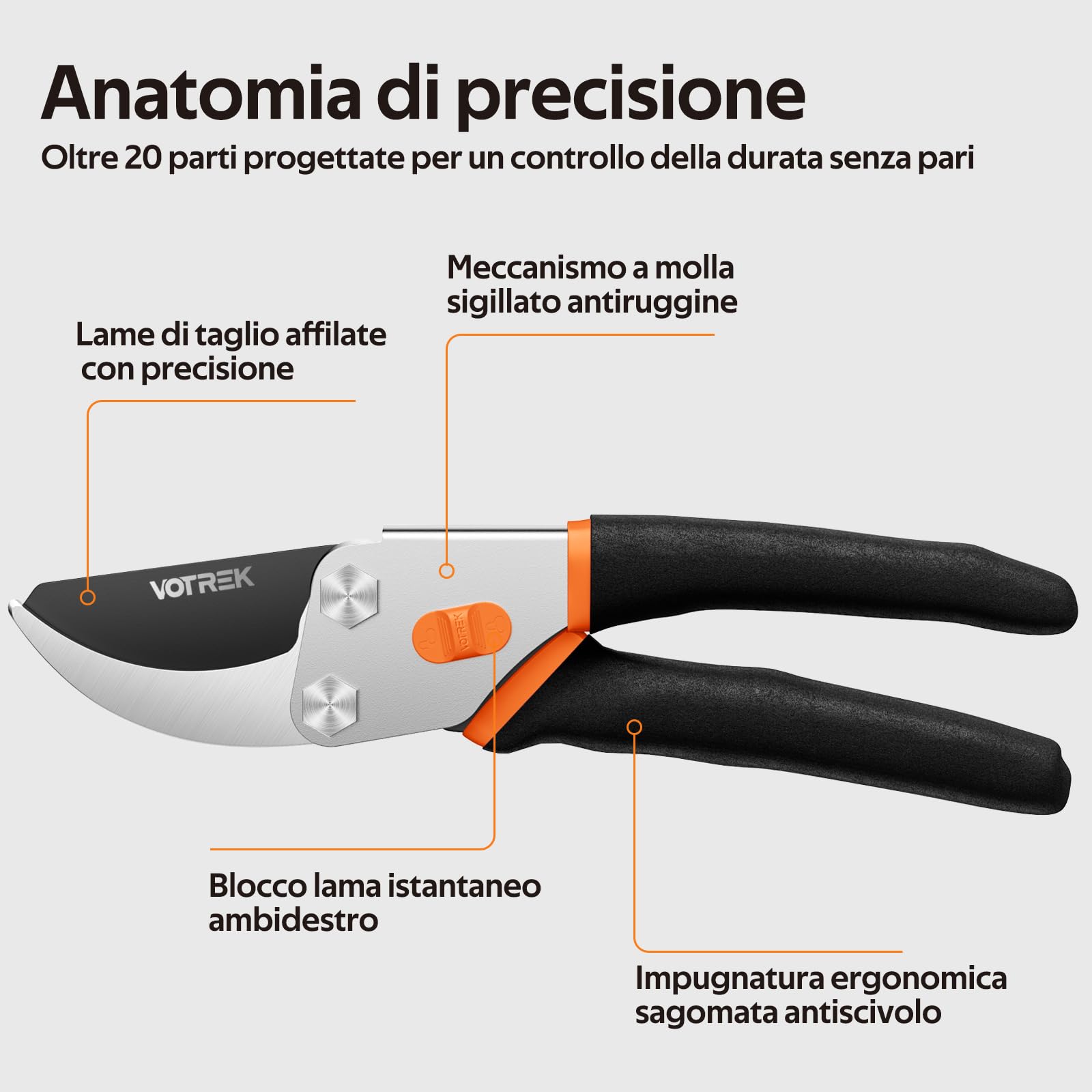 Cesoie da Potatura Bypass 21,5 Cm – Con Lame SK5, Molla Sigillata e Blocco Ambidestro per Mani Deboli, Le Forbici Da Giardinaggio Professionali Per Rose e Alberi da Frutto – Regalo