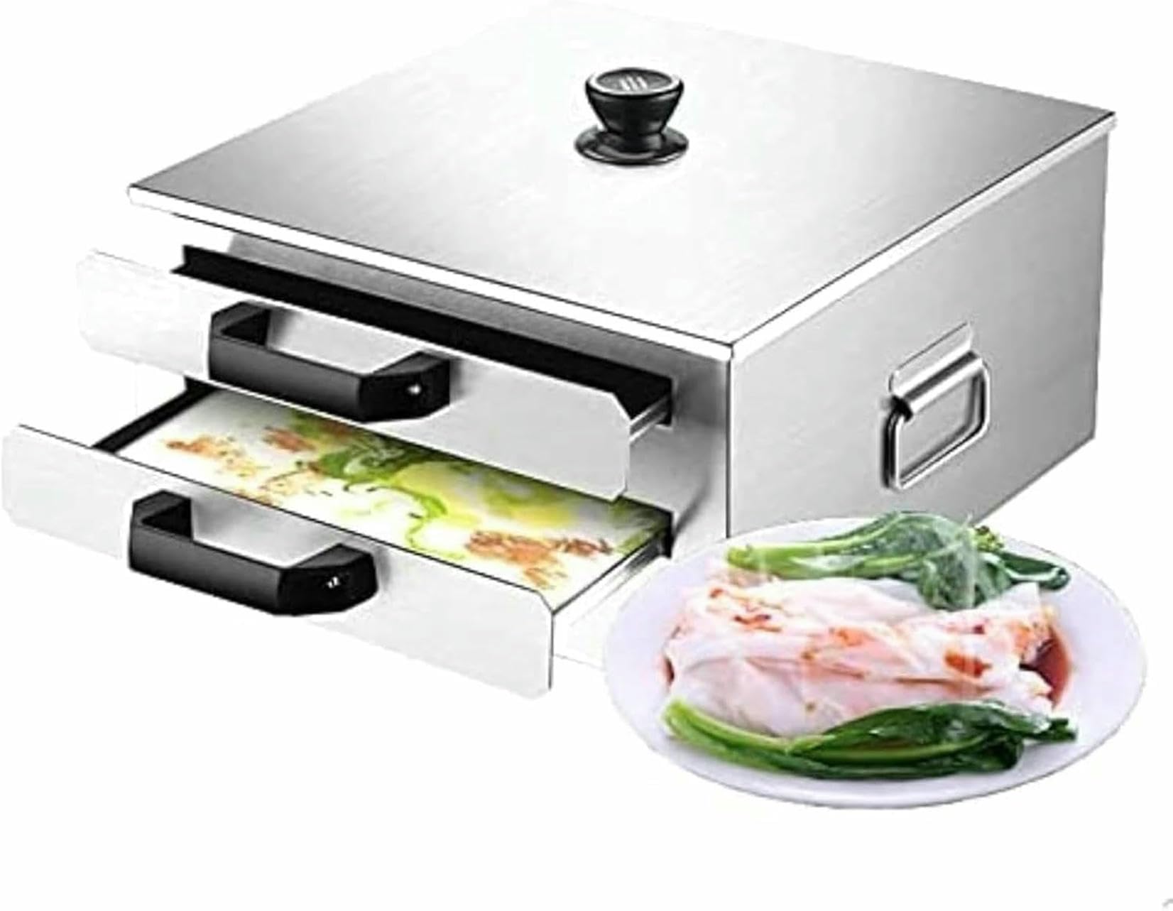 Edelstahl Reis Nudel Roll Dampfgarer, gedämpft Vermicelli Roll Maker Kantonesische Küche Kochgeschirr mit 1 perforiertem Tablett + 2 massiven Tabletts