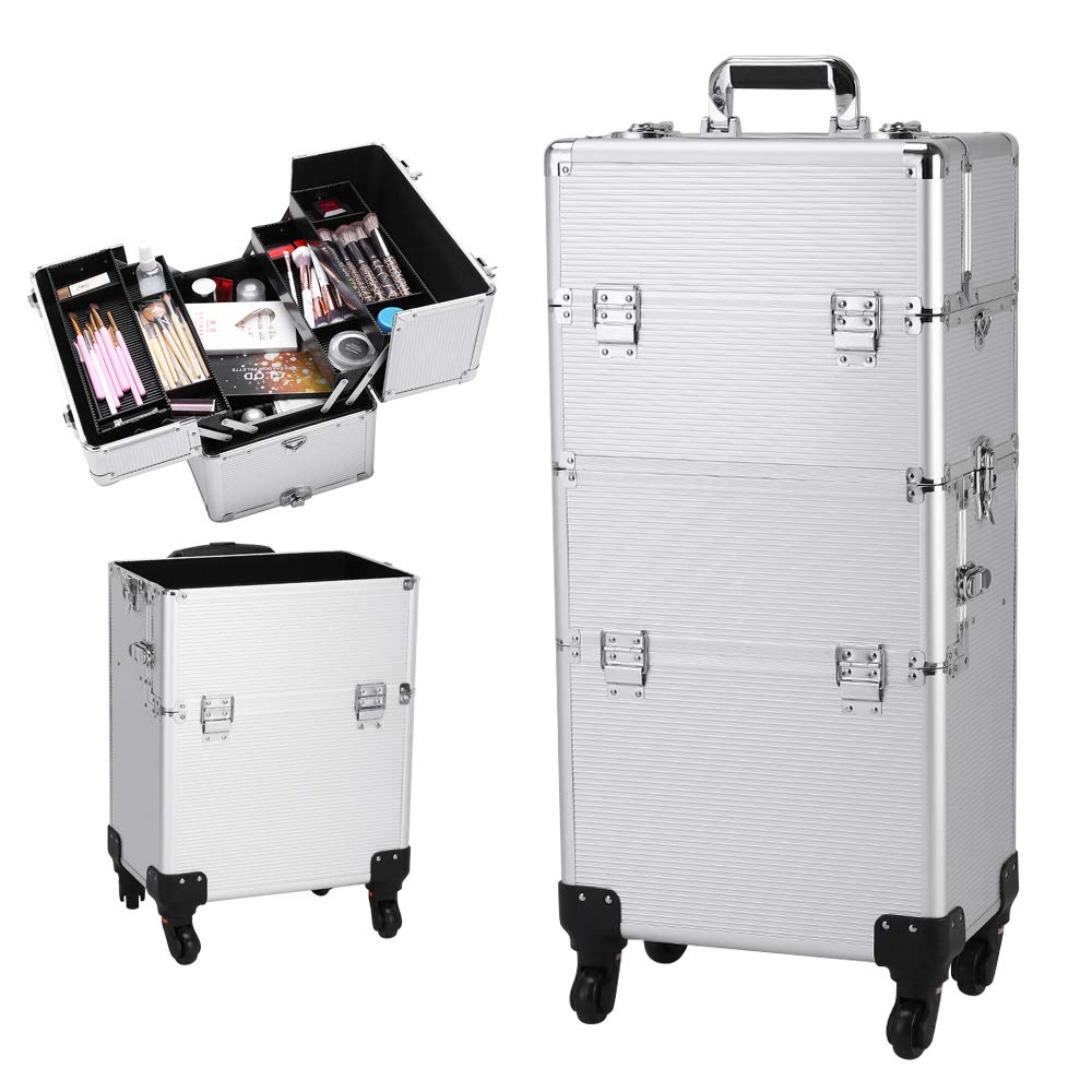 Henf Rolling Train Case 3 in 1 Artist Cosmetic Makeup Case Trolley, Professional Lockable Aluminum Cosmetic Organizer Makeup Traveling case with Wheels and Telescopic Handle, Silver