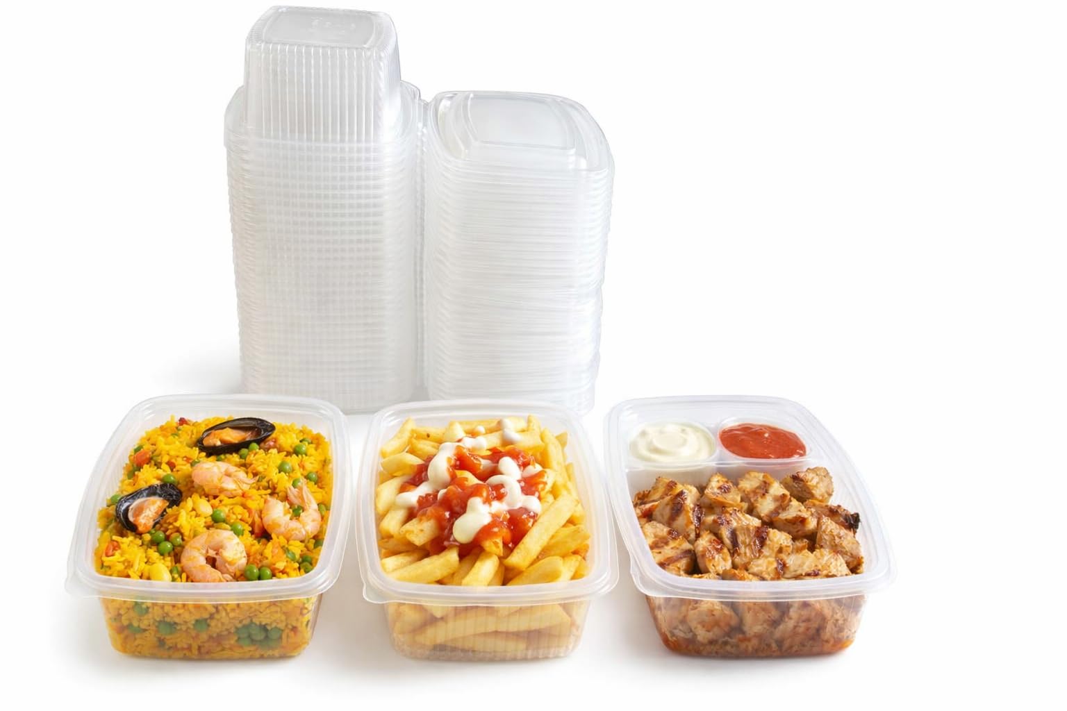 Envases desechables para alimentos con tapa bisagra – Taper plástico transparente para comida – Recipientes PP resistentes para hostelería, take away, delivery y almacenamiento (100, 750 cc)