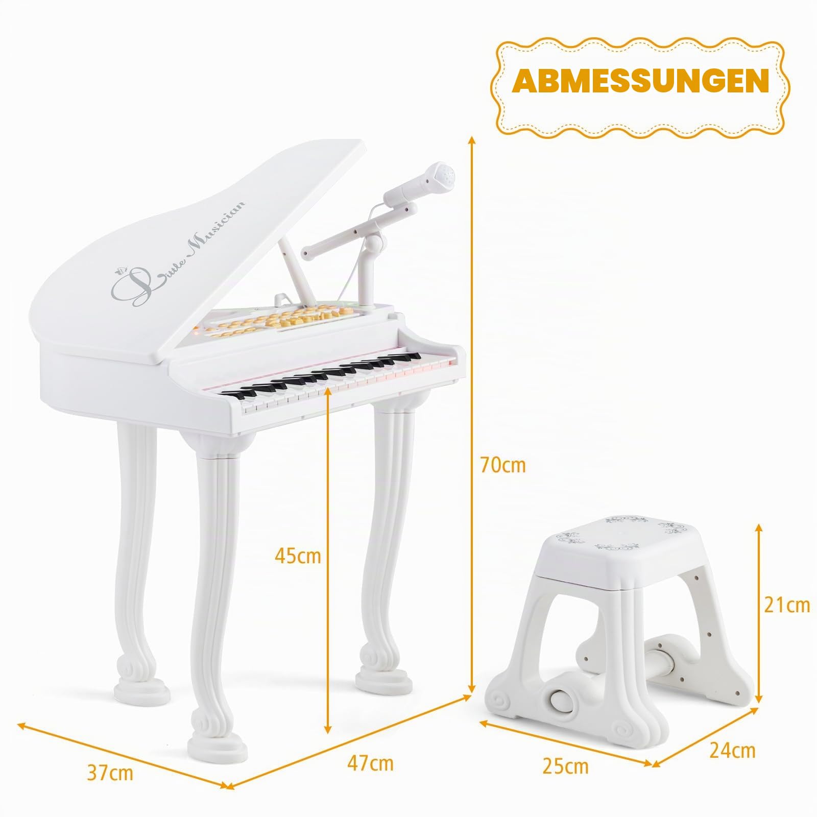 KOMFOTTEU 37 Tasten Kinderklavier Set, Elektronisches Klavier mit Mikrofon & Hocker, E-Piano Klaviertastatur mit 8 Percussionseffekte & Begleitstile, Keyboard für Kinder ab 3 Jahren (Weiß)