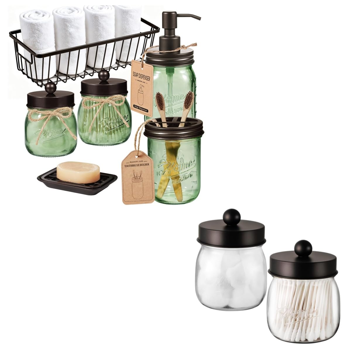 SheeChung Acrylic Plastic Qtip Holder Apothecary Jars with Lid 6 Pack Green Glass Bathroom Accessories Set Mason Jar