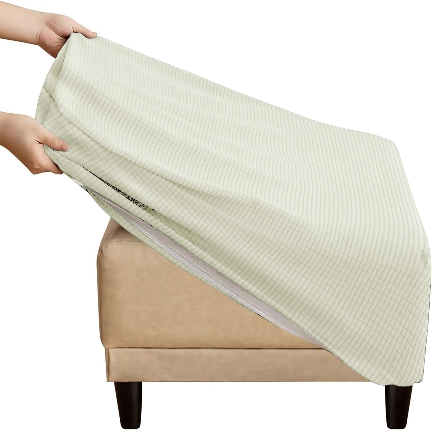 Ottoman Cover Square 36x36 30x30 24x24 26x26 20x20 Jacquard Fabric Footstool Slipcovers Stretch Thick Checked with Elastic Bottom Removable Washable Footrest Protector(Beige,34"/85cm)