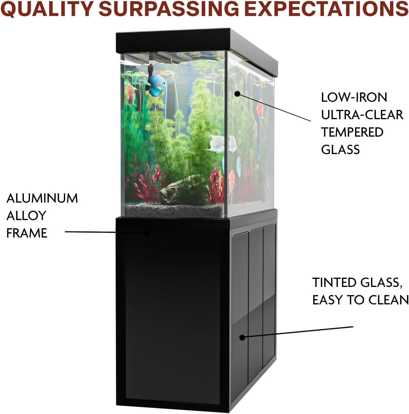 Aqua Dream 175 Gallon Aquarium Fish Tank with Upright Fishtank Stand Water Pump Freshwater Filter LED Bundle and Straight Corners Clear Glass - All Black
