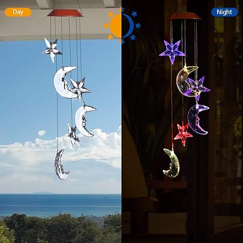 Miniatura 7 de Campanilla de viento LED solar de luna y estrella, cambiante de color, impermeable, seis luces colgantes, campanillas de viento, móvil solar para