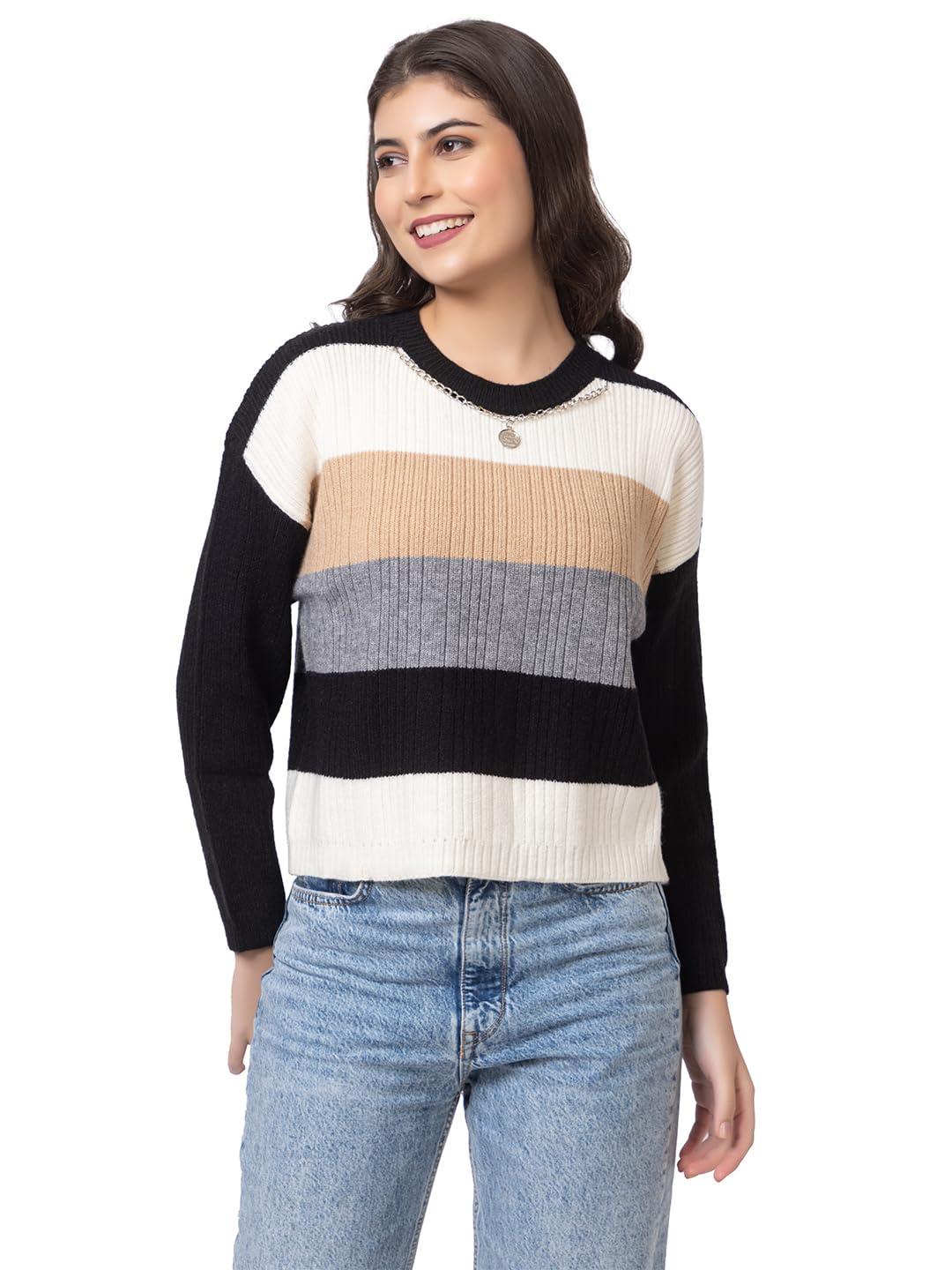 Fancy Striped Woollen Top Type Sweaters for Women-image-47