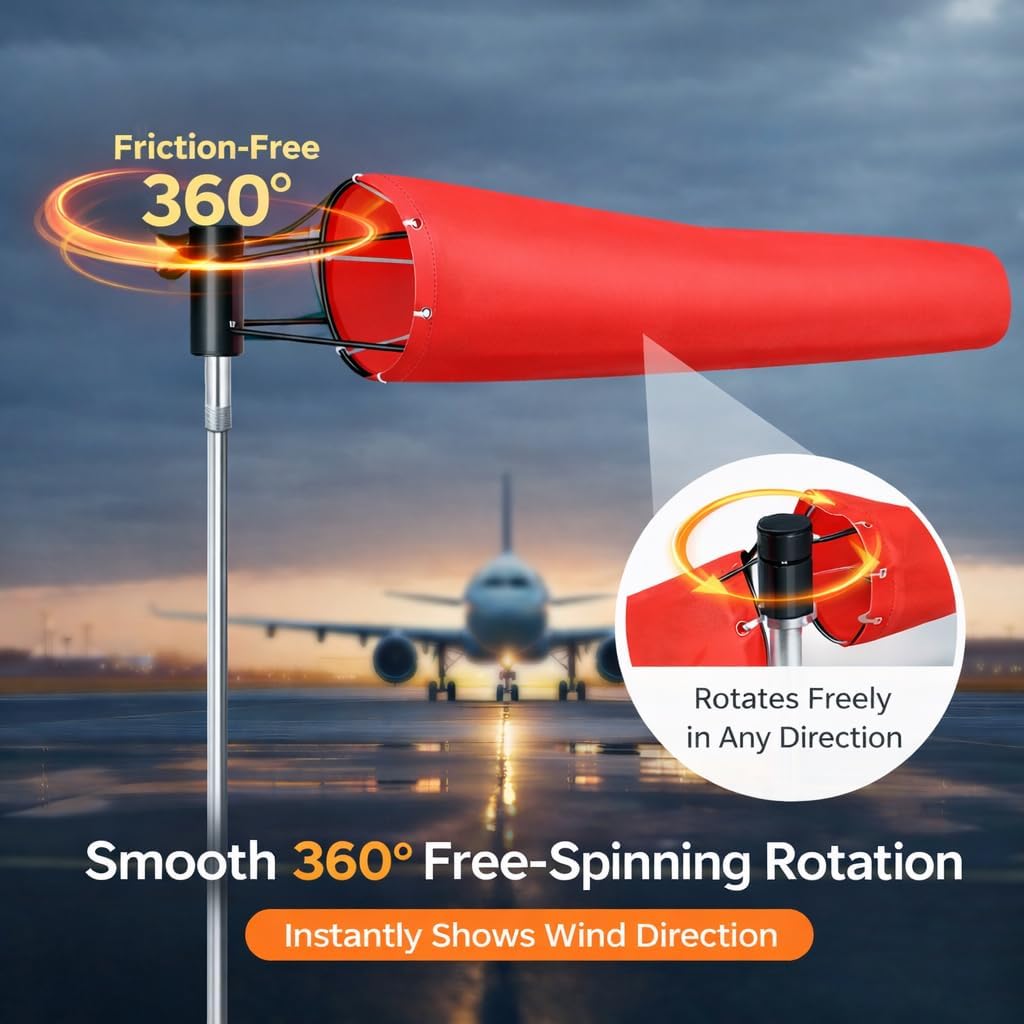 8" x 36" Airport Windsock, Heavy Duty Outdoor Windsocks Made of 450D Oxford Fabric with 360° Rotating Ball Bearing Frame, Wind Socks for Outside, Waterproof, UV Fade Resistant, No Pole Included