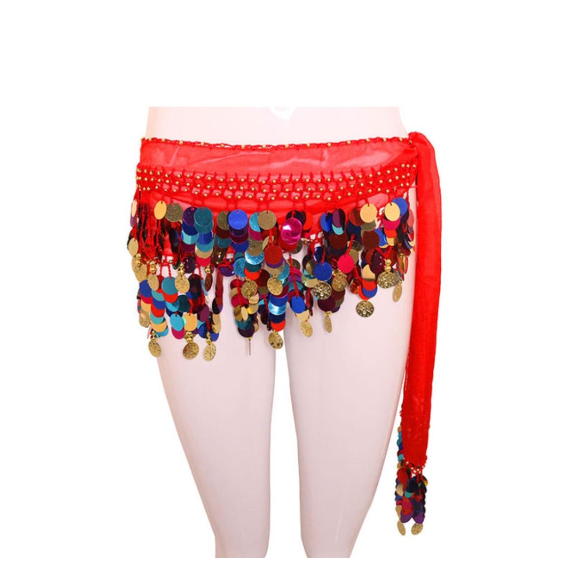 VRITRAZ Women's Chiffon Belly Dance Hip Scarf Waistband Belt Skirt Mixed Colors Beads and Golded Coins 56 Red 3