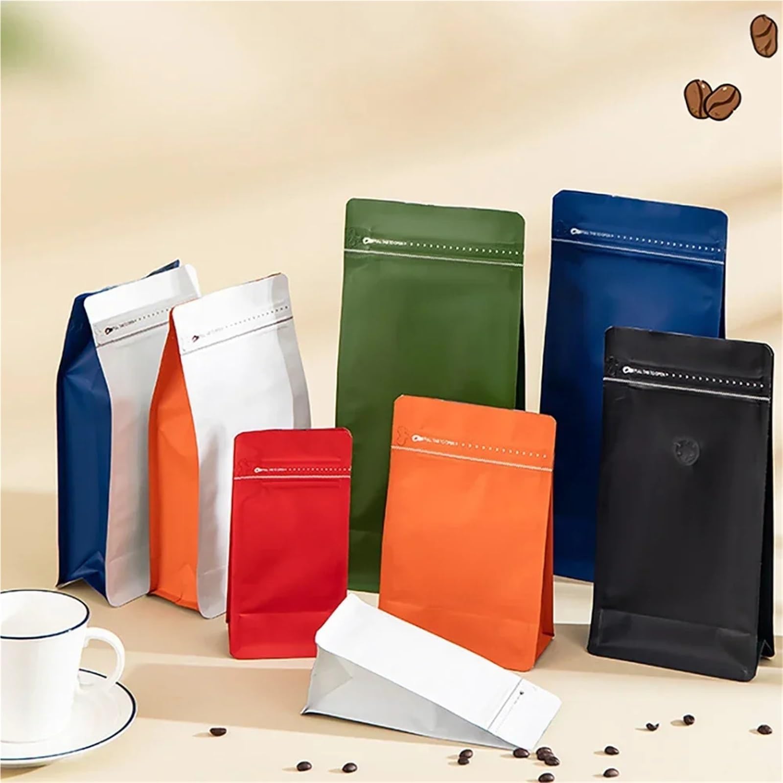 Bolsas de café con válvula, 50 unidades, bolsas de embalaje de café al por mayor con válvula, 125 g, 250 g, 500 g, 1 kg, papel de aluminio naranja, refuerzo lateral para granos de alimentos (naranja