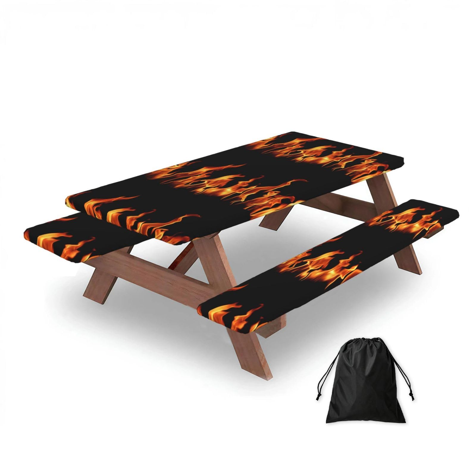 Dopklna As Picture Burning Flame Print Multicolor, Picnic Table Cover With Bench Covers -Waterproof Elastic Fitted Tablecloth For Garden Camping Patio 76X152cm