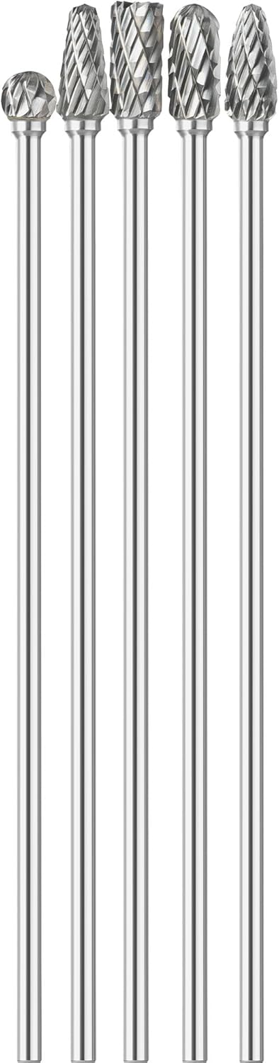 5Pcs Long Carbide Burr Set 1/8" Shank Total L 4.4" Compatible with Dremel Die Grinder Bits Cut Port Grind Metal Cast Iron Steel Aluminum Cylinder Head Engine Intake Exhaust Manifold Tight Area