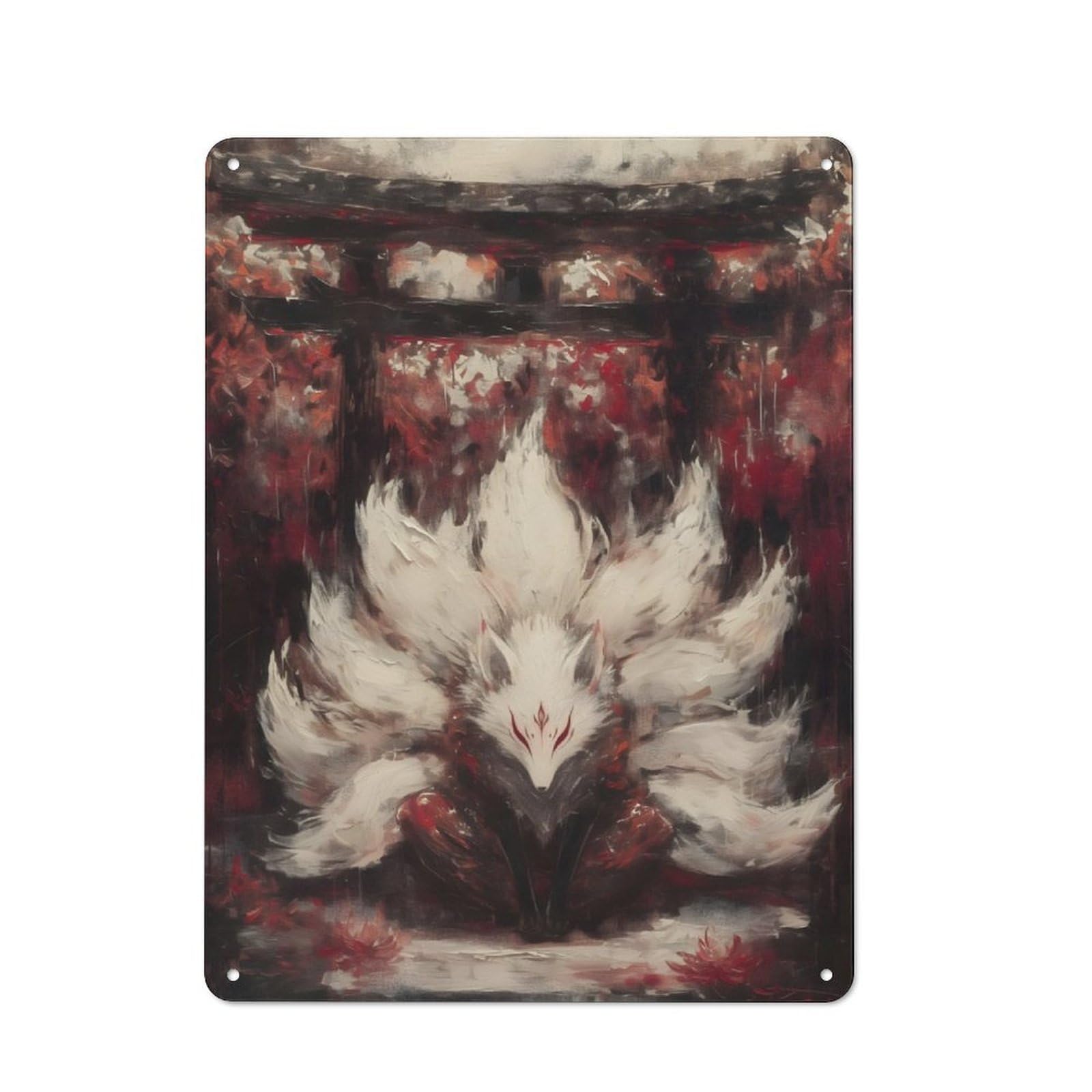 Shed Style Decorative Metal Plaque 40x30cm Featuring Nine-Tailed Fox Painting, Porch Wall Decor for Patio Bar, Workshop, Shed Or Kitchen