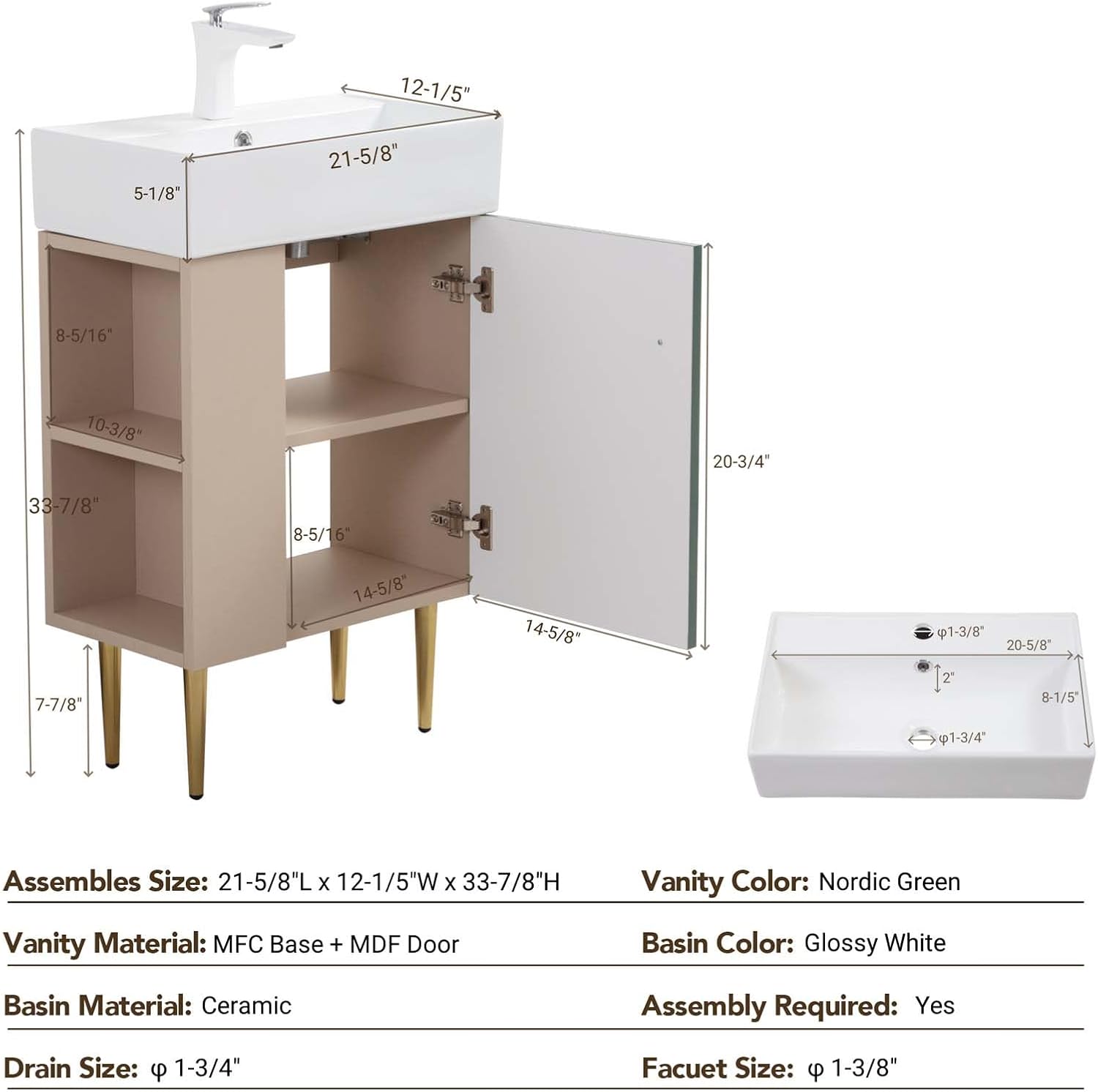 21.6" Bathroom Vanity with Ceramic Sink, Freestanding Bathroom Vanity with Open-Shelving Natural Wood Vanities Cabinet Soft Closing Door Right Storage for Small BathRooms Green