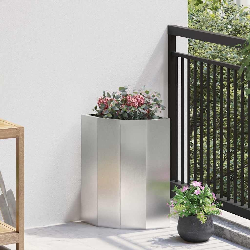 Eckgartenpflanzer Silber aus rostfreiem Edelstahl 30 x 30 x 50 cm Modernes Design Robust & Wetterfest für Terrasse Balkon platzsparende Gartendeko