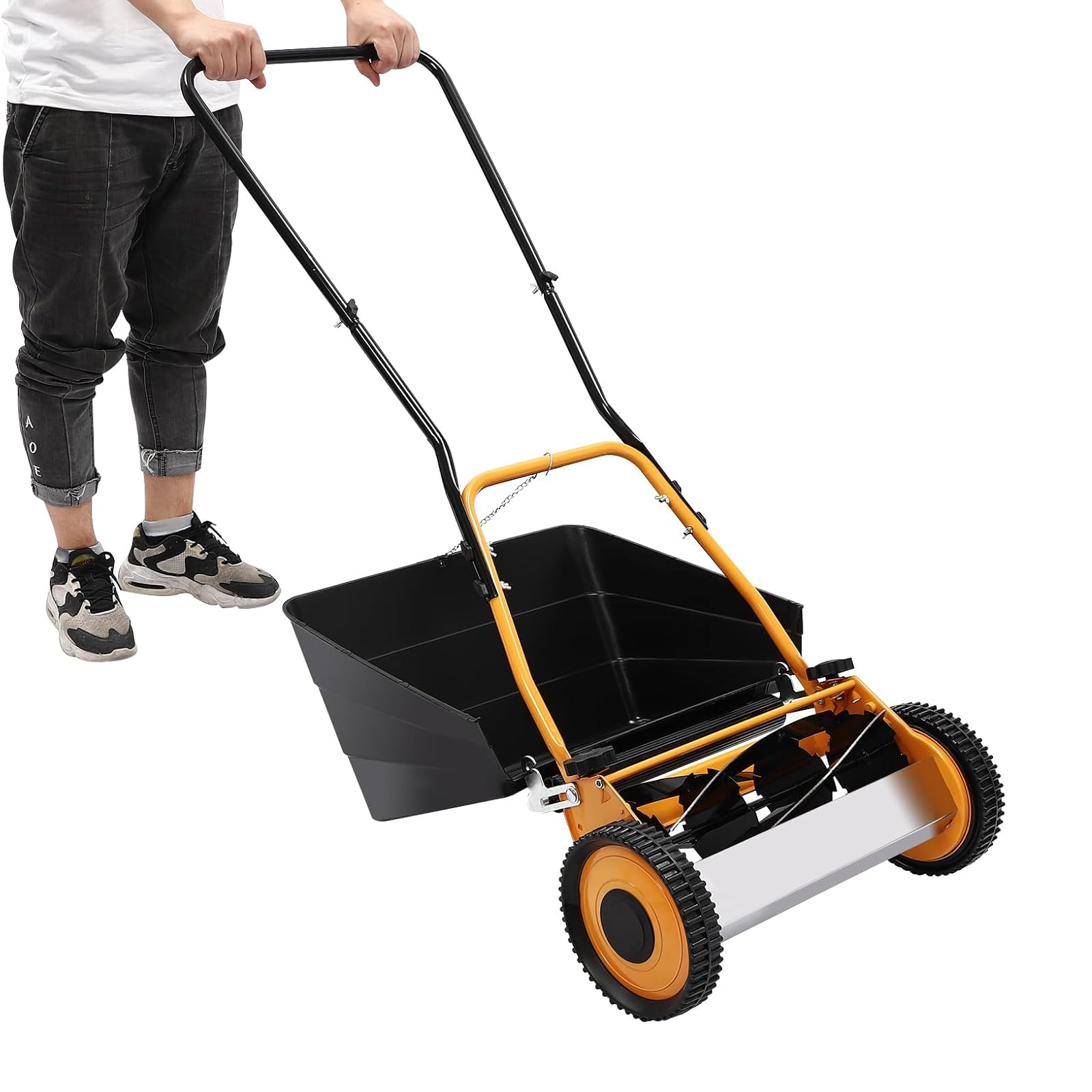 Cortacésped manual de 16 pulgadas, cortador de césped 2 en 1 con bolsa de pajita, altura de corte ajustable, ideal para patios pequeños y jardines