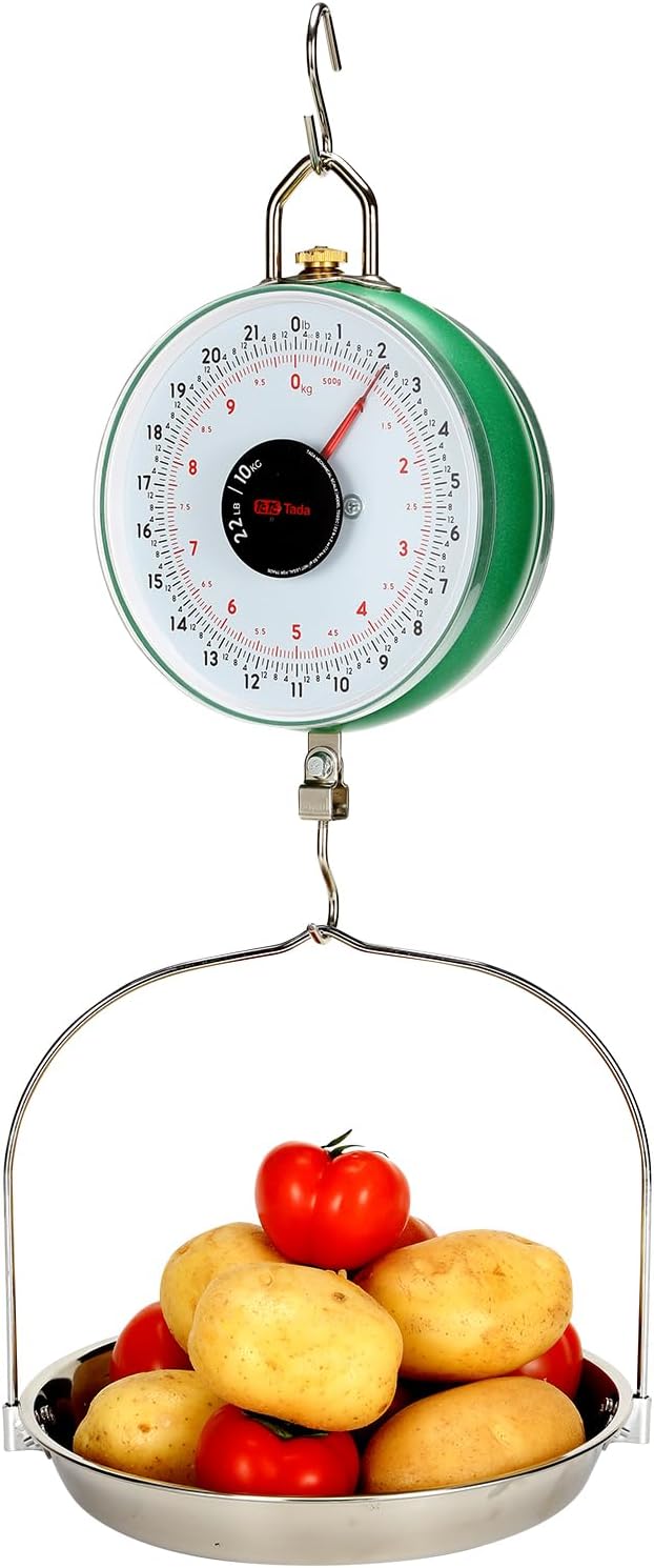 22LBS Double-Sided Display Mechanical Hanging Scale with Weighing Pan for Farm, Kitchen Food and Produce Weighing