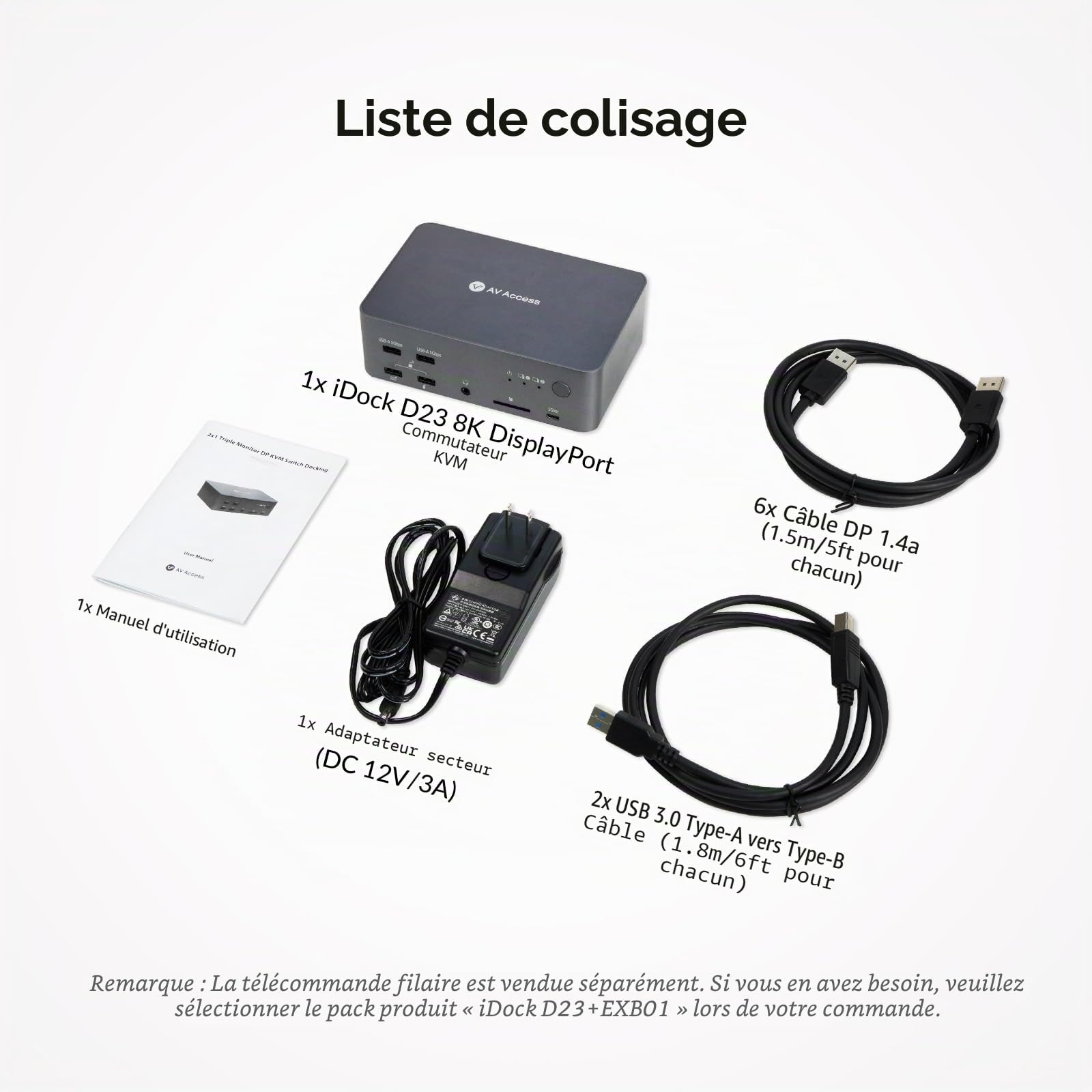 AV Access Commutateur KVM 3 Moniteurs 2 Ordinateurs 8K@60Hz, avec 6 câbles DP, DisplayPort 2.0, Ethernet 1G, USB 3.0, Station d'accueil 3 Moniteur, 4K@165/144Hz, 2K@144Hz (Desktop Only)
