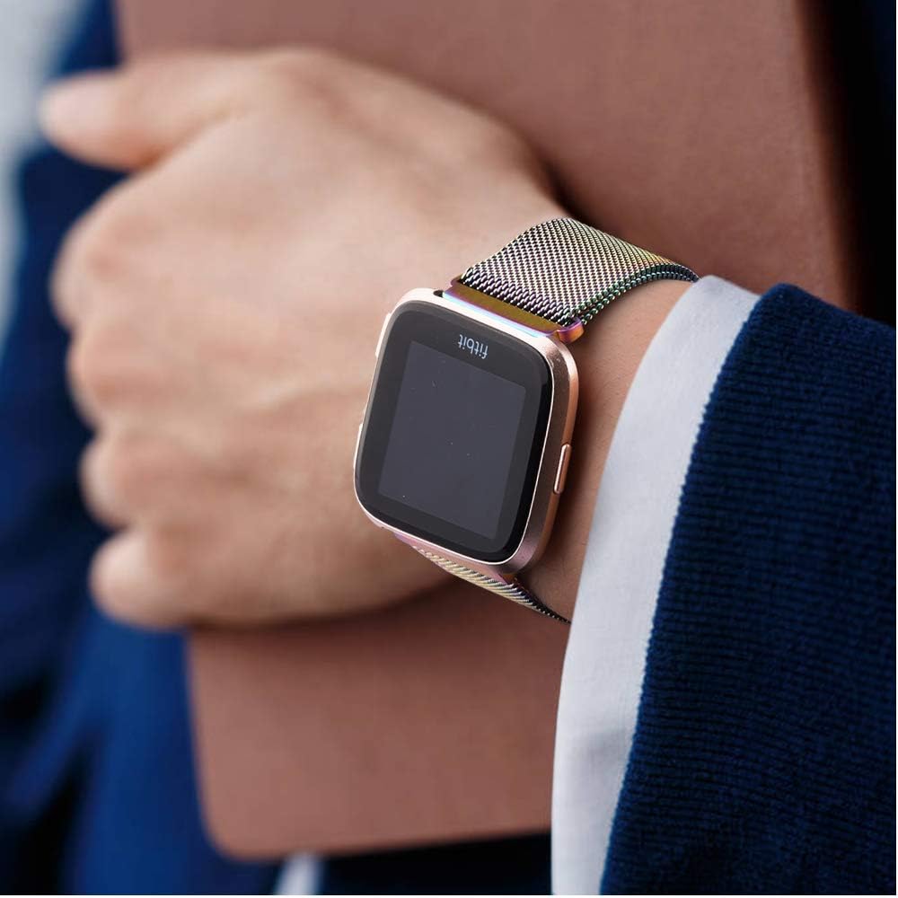 Pack 2 Metal Loop Bands Compatible for Fitbit Versa 2 / Fitbit Versa SE/Fitbit Versa Lite, Stainless Steel Mesh Breathable Wristband with Adjustable Magnet Lock (Black + Colorful, Small)