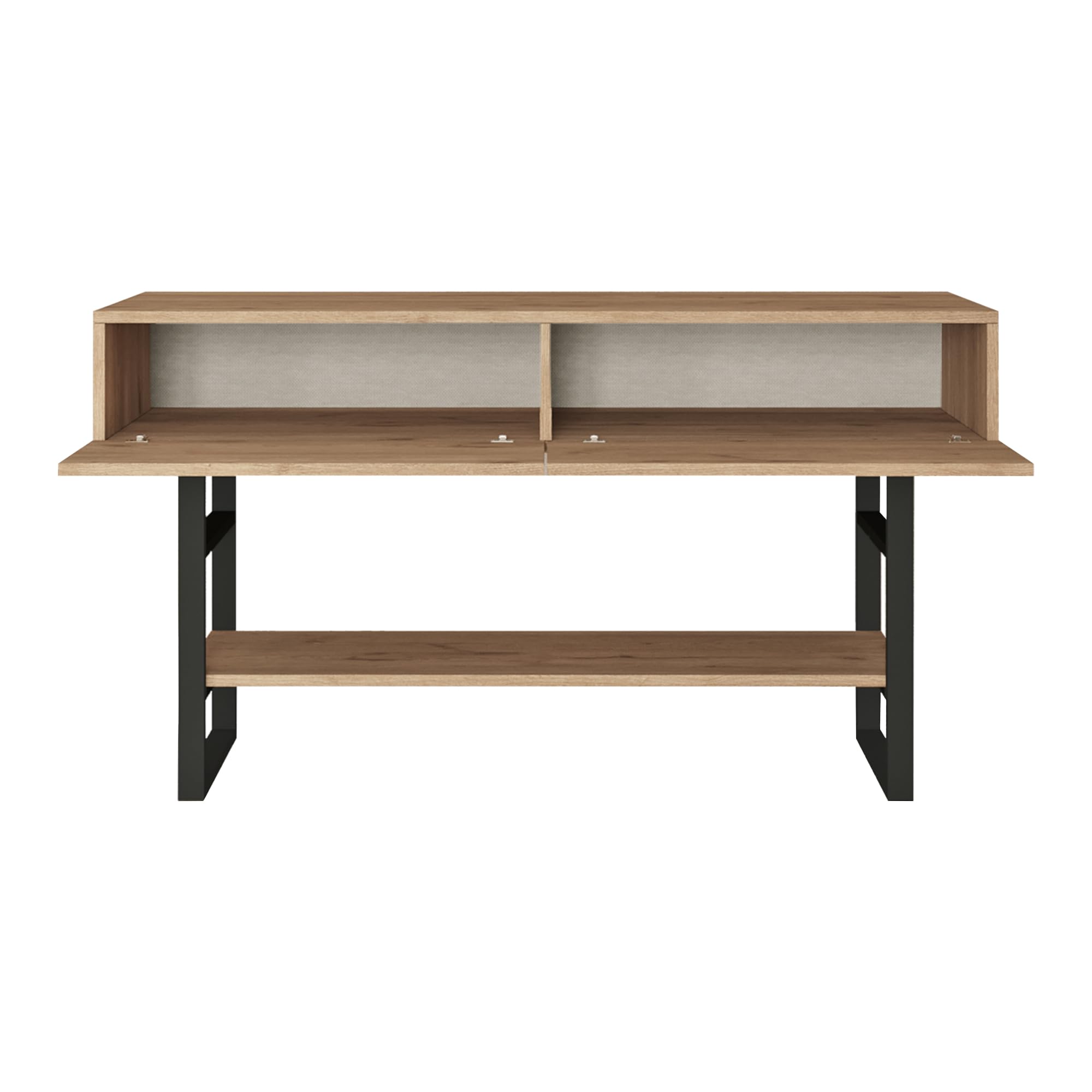 [en.casa] Tavolo Consolle Mobile Contenitore con Ripiano e Scomparti Chiusi con Ante a Ribalta Gambe in Metallo Mobile da Soggiorno Corridoio 76 x 139 x 43 cm- Effetto Rovere/Nero