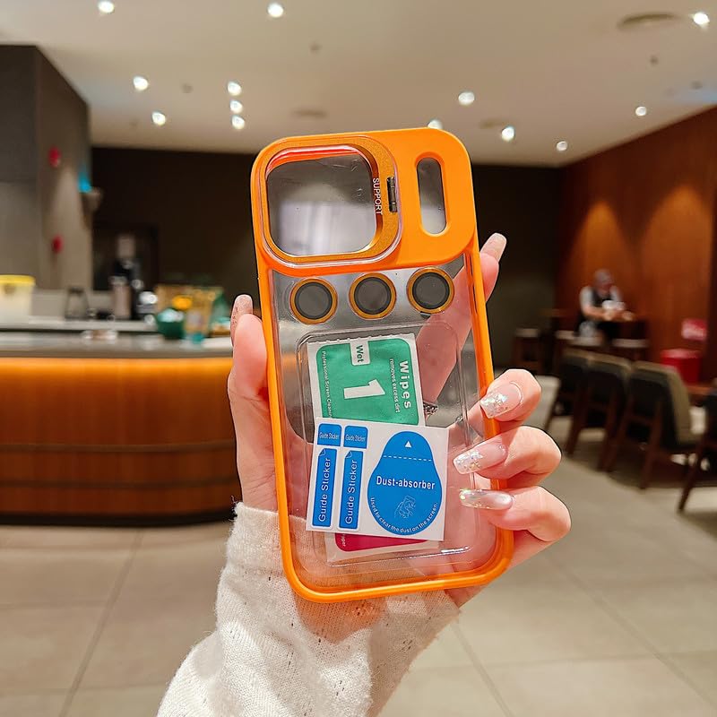 Image of Clear Case for iPhone 17 Pro | Metal Lens Protector & 180 Rotating Bracket | Shockproof Transparent Hard Back Cover with Soft TPU Frame - Orange