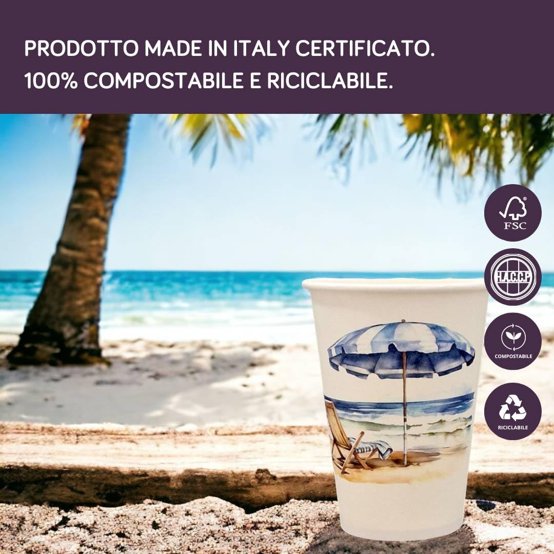 MAQA Bicchieri Di Carta 200ml – Fantasia Costiera Blu Amalfi – 50 Pezzi – Biodegradabili E Compostabili – Perfetti Per Caffè, Acqua, Feste E Compleanni - 6