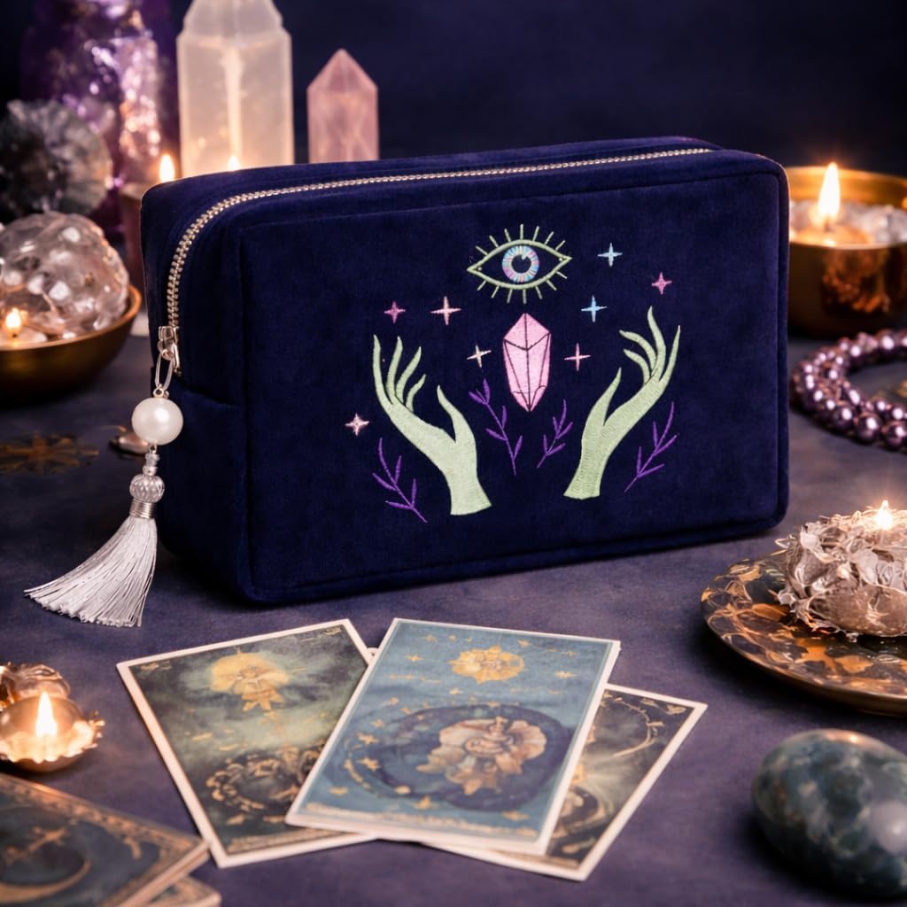 La Muci Velvet Zipper Pouch for Tarot Decks, Oracle Cards and Crystals, Embroidered Mystical Makeup Bag, Soft Velvet Cosmetic Pouch, Travel Organizer Storage Bag with Zipper and Tassel