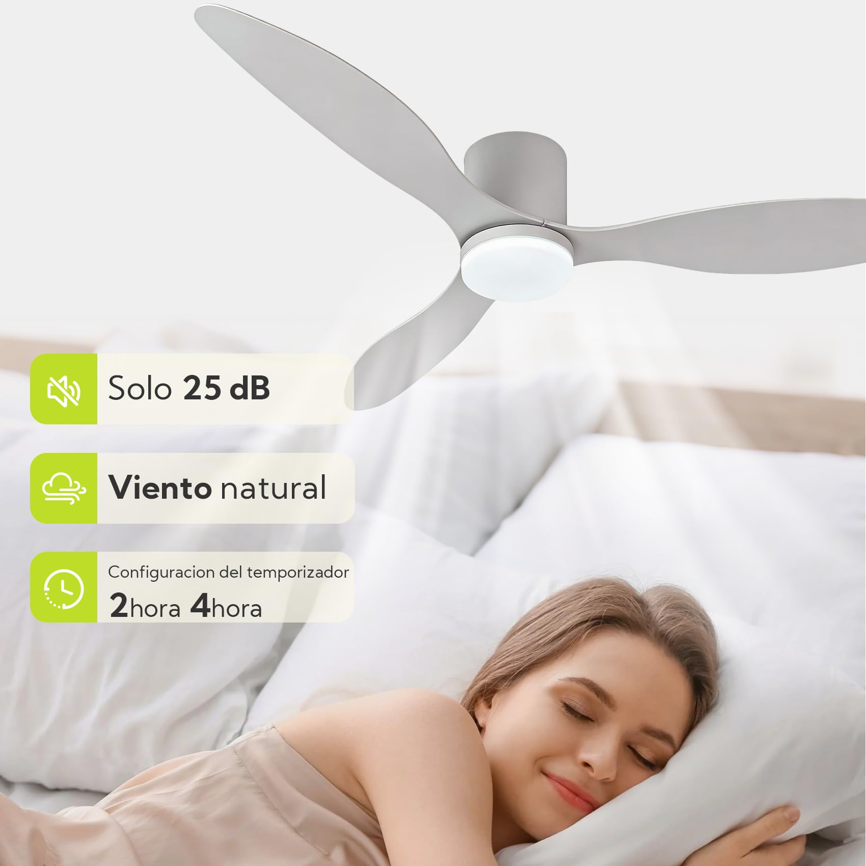 Ventilador de Techo Grande con Luz y Mando 132cm (52"), Motor DC Silencioso, 3 Aspas Plástico, LED Regulable, Ventilador Moderno Bajo Consumo para Salones, Blanco