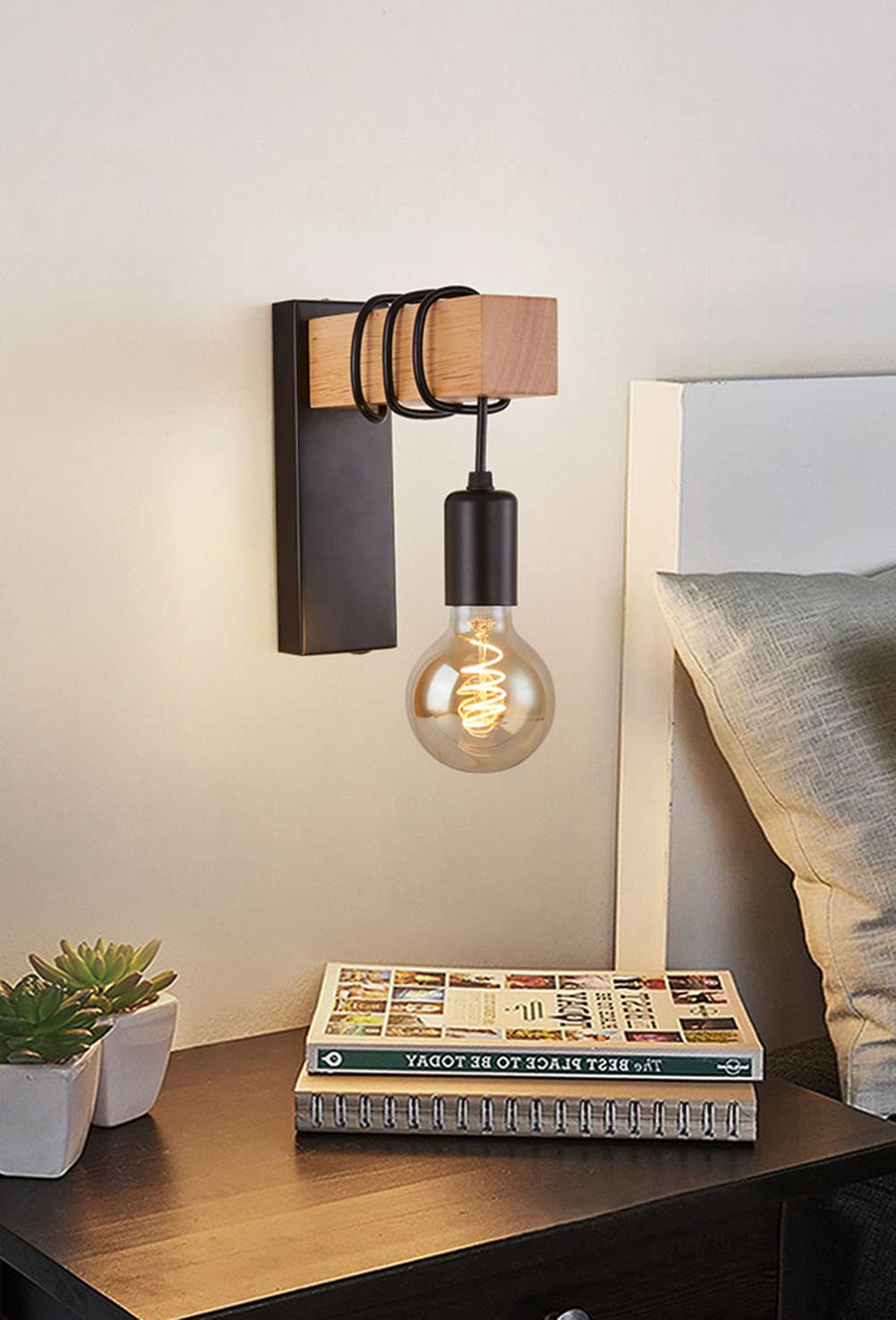 Branchez les appliques murales, Applique murale industrielle vintage avec appliques murales en bois massif Luminaires muraux pour Chambre Salon Ferme Couloir (Black 1)