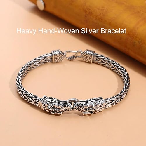 Miniatura 3 de S925 Sterling Silver Double Dragon Heads Bracelet for Men & Women Heavy Handmade Woven Chain Vintage Silver Bangle Unisex Personalized Jewelry Gifts