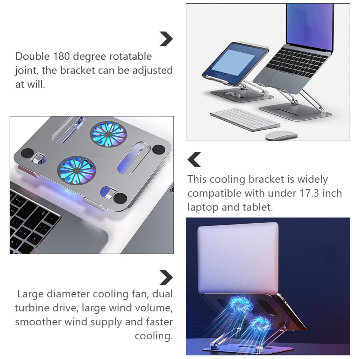 Homoyoyo Soporte Ventilado con Doble Ventilador para Portátil de Aleación de Aluminio y Ajuste de Elevación para Decoración Verano, Compatible con Laptops y Tablets hasta 17,3 Pulgadas