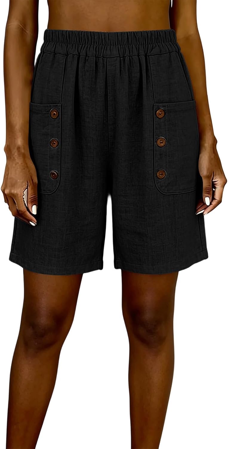 Women's Bermuda Shorts Elasitc High Waist Knee Length Comfy Shorts with Pockets Casual Summer Loose Solid Clothing