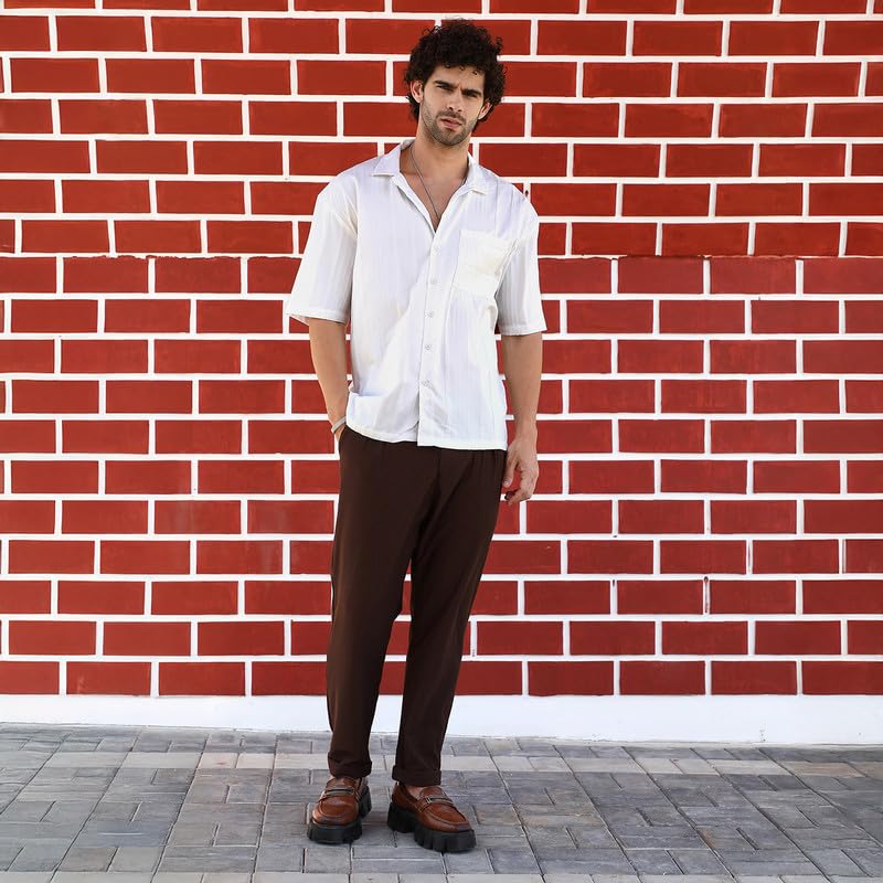 Image of CAHOOT Men's Oversized Shirt for Casual Wear | Cuban Collar | Short Regular Sleeves | Button Closure | Oversized Shirt Crafted with Comfort Fit for Everyday Wear