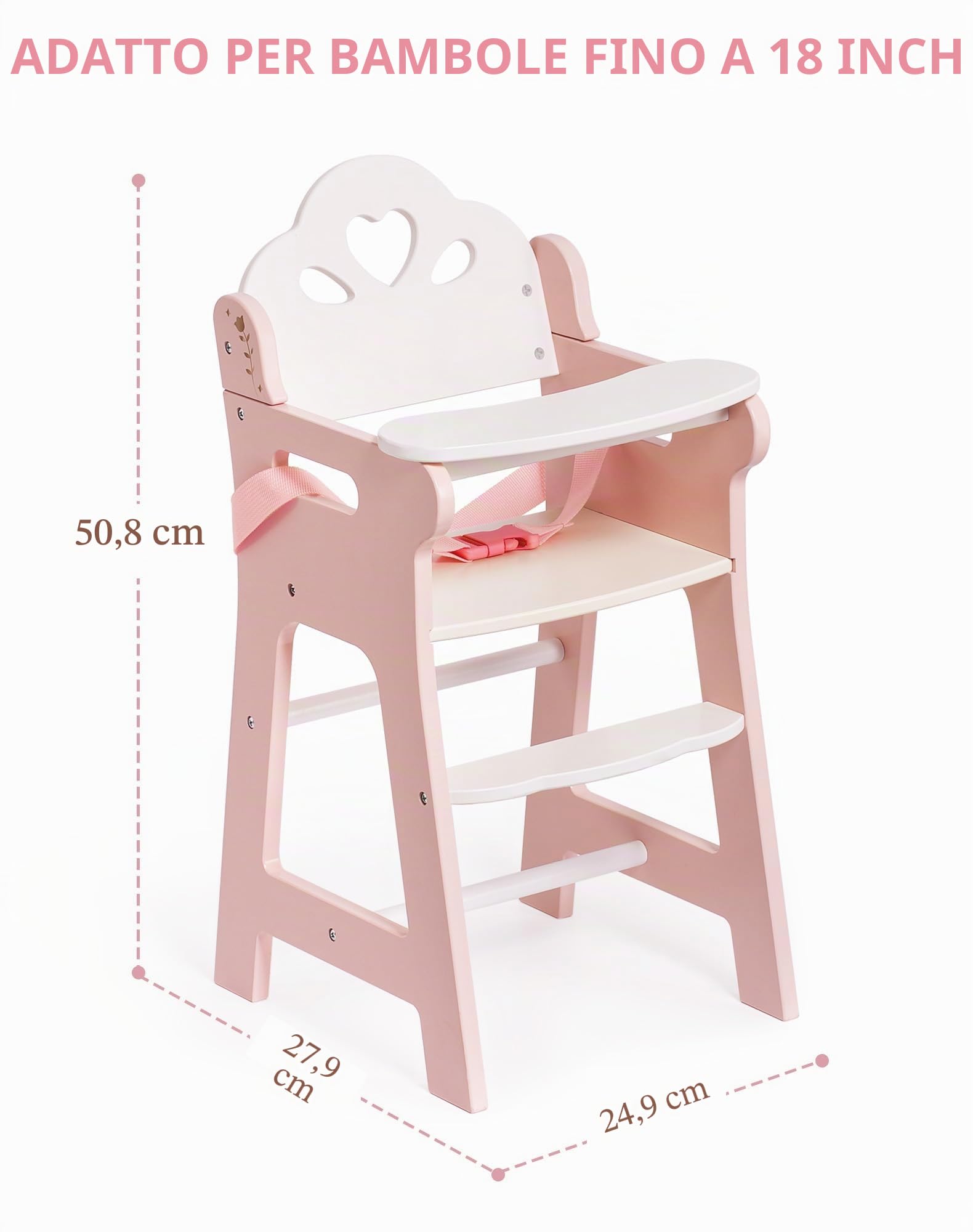ROBUD Seggiolone per Bambini con Cintura di Sicurezza Regolabile, Tavolo e Poggiapiedi per Bambole fino a 18", Giocattolo dai 3+ Anni Rosa