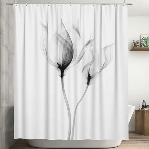 YLATY2596 - Cortina de ducha de flores abstractas para baño, juego de cortina de ducha bohemia floral en blanco y negro, tela transparente, moderna,