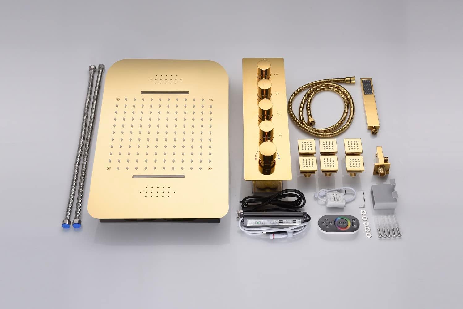 Cascada Luxury 15”x23” LED Shower System with built-in Bluetooth Speakers, 4 Functions (Rainfall, Waterfall, Body jets & Handheld) (Polished Stainless Steel)