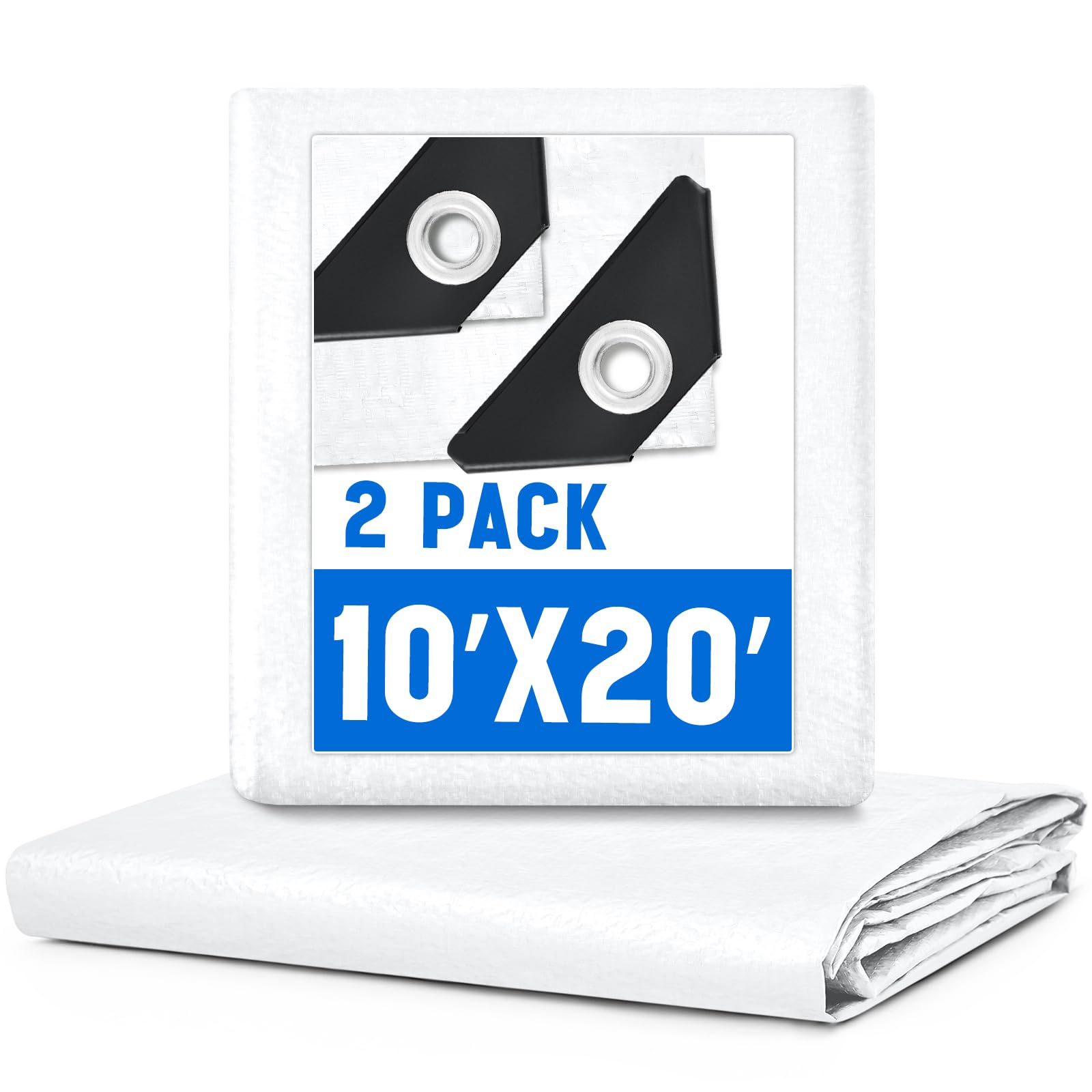 2 Pack 10 x 20 ft 5.5 Mil Large Tarps Heavy Duty Waterproof Tarp Multi Purpose Tent Cover for Home Boats Cars Camping Patio Furniture Roof Emergency Rain Protective Cover, White