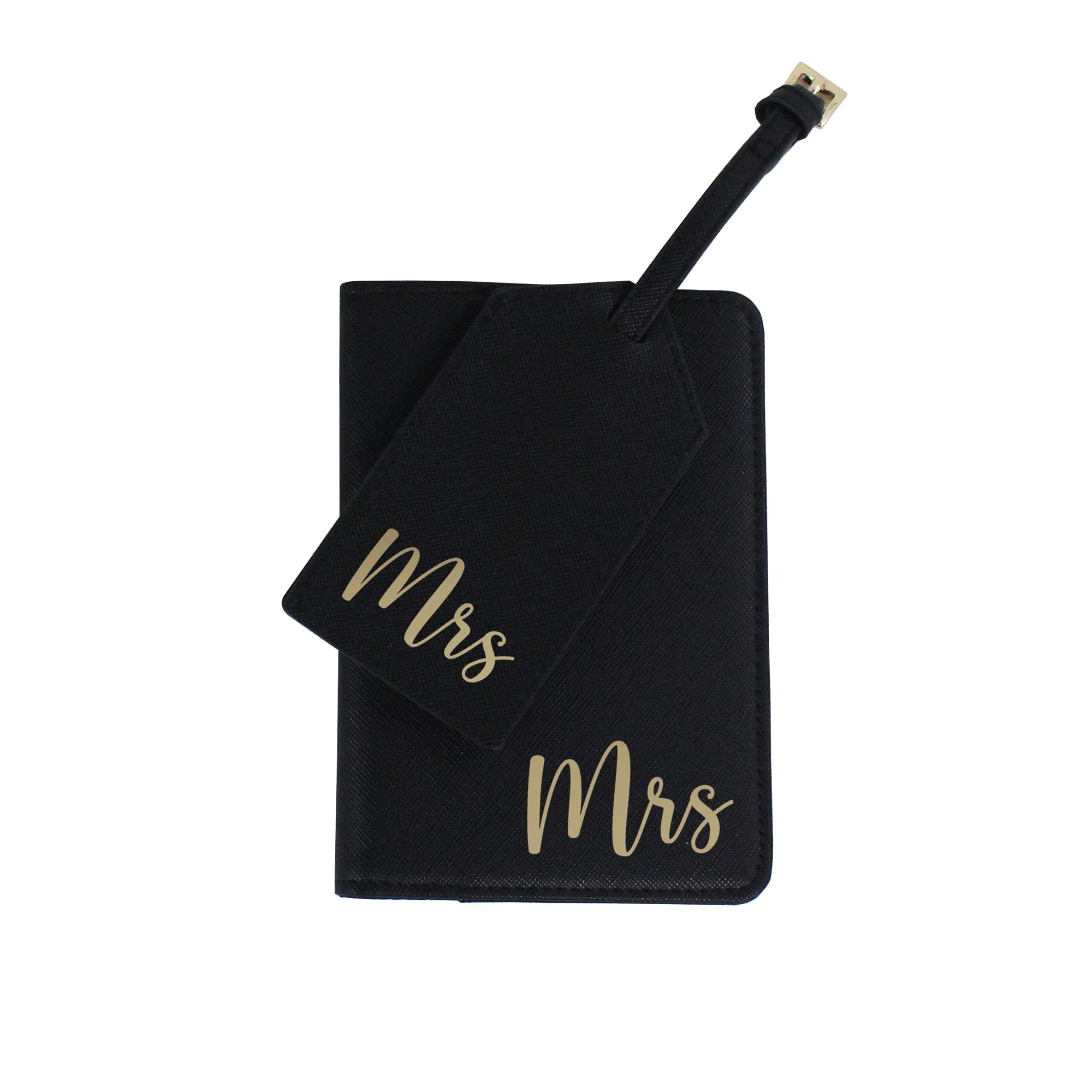 eBuyGB Mrs Passport Holder and Luggage Tag Set, Engagement Travel Gift, Honeymoon Destination Wedding, PU Leather Wedding Suitcase Tag, Newlyweds Gift, Wedding Present (Black)