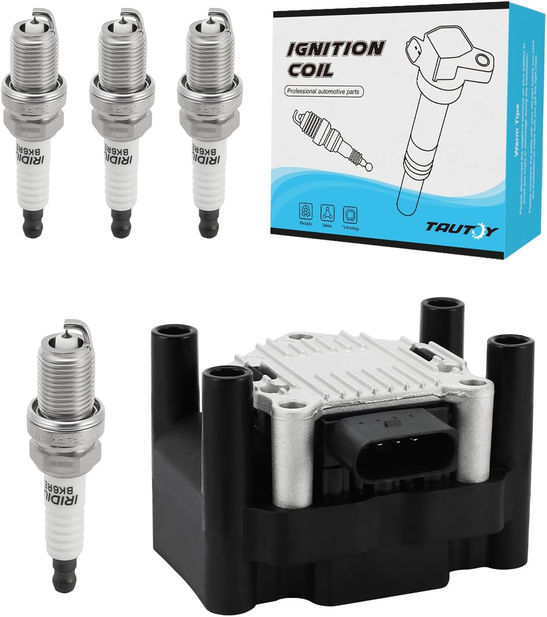 1PC UF277 Ignition Coil Pack & 4PCS Iridium Spark Plugs (2.0L Only) For Volkswagen/VW Beetle 1998-2001 Golf 1999-2001 Jetta 1999-2001 2011-2015, Replace # GN10018 032905106A 032905106E 5C1314