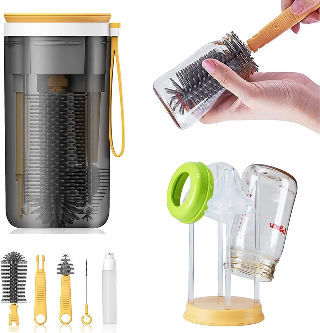 Travel Baby Bottle Drying Rack with Bottle Cleaning Brush Set and Bottle Dryer,Baby Bottle Brush,Nipple Brush and Straw Brush for Baby Bottle Cleaning,Yellow
