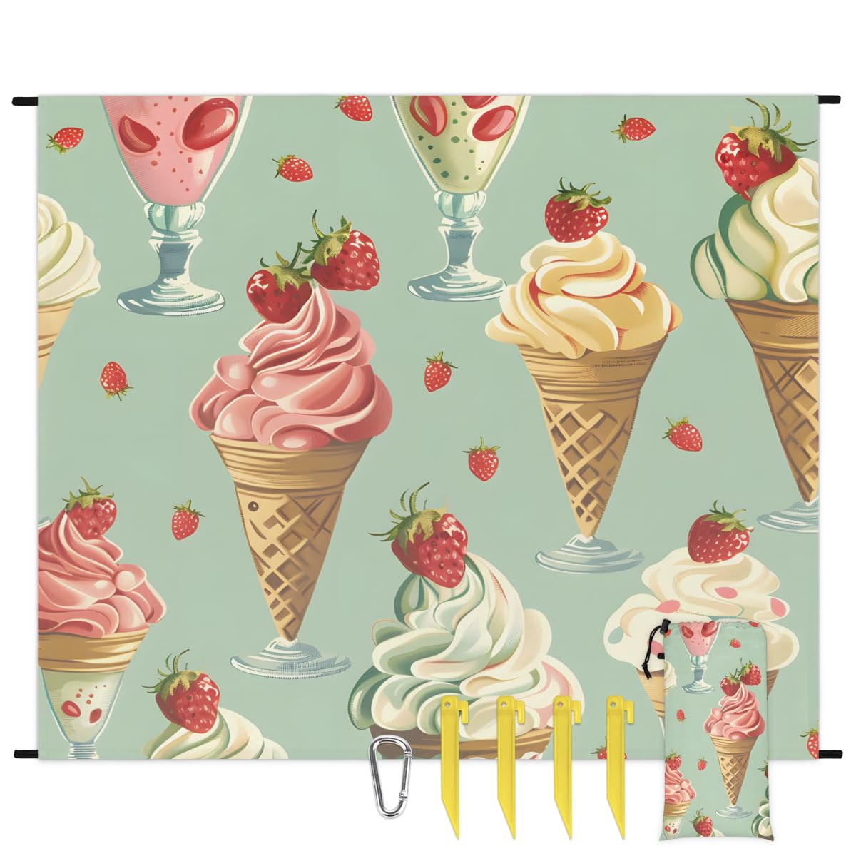 Eabrults Waterproof Sandproof Beach Blanket, 59''×68'' Cup Ice Cream Polyester Outdoor Picnic Blanket with 4 Stakes & Storage Bag for Beach,Camping,Vacation Lime Green