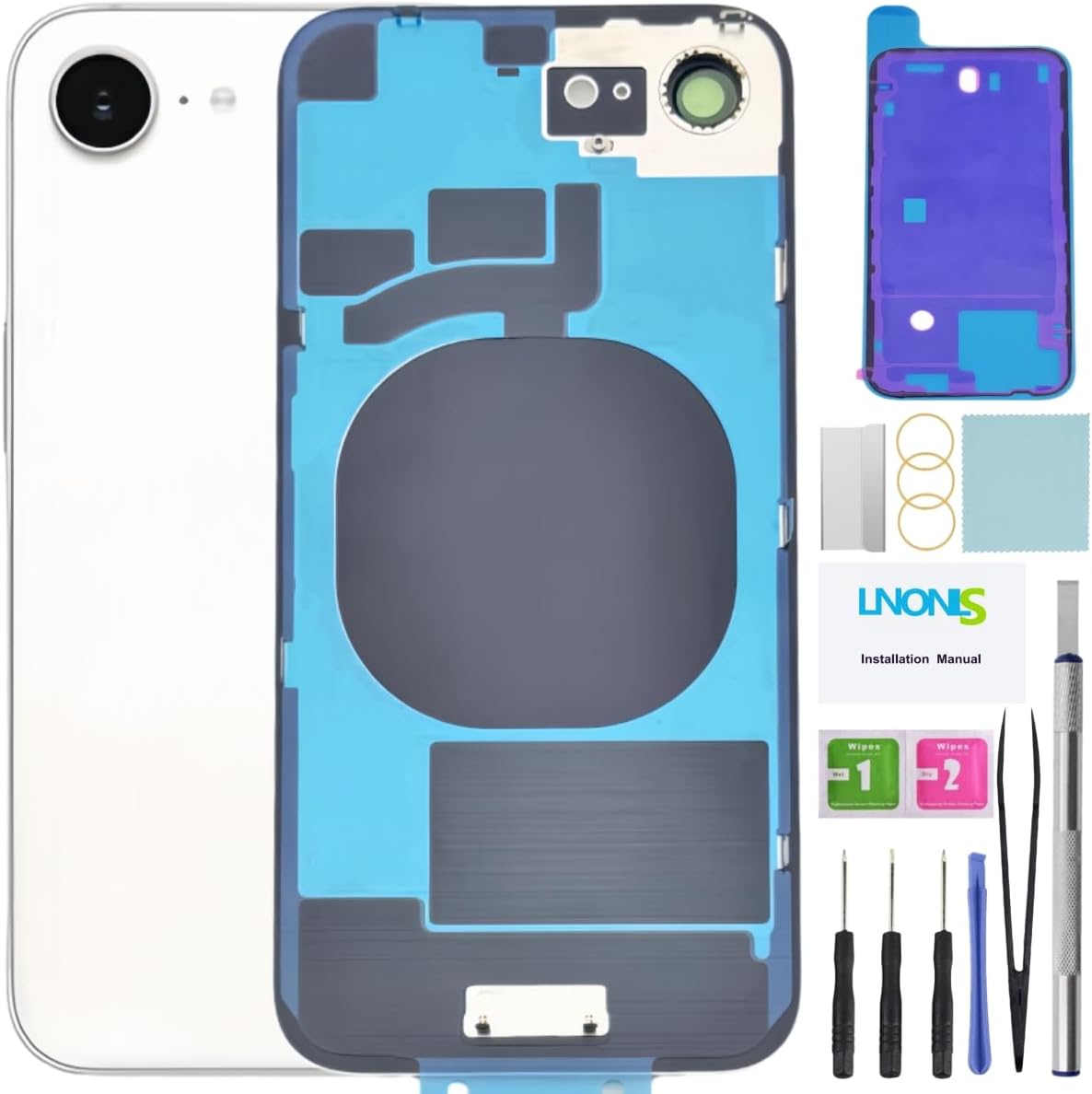 16e Back Glass Replacement for iPhone 16e Rear Back Cover Glass with Frame Waterproof and Camera Lens+Professional Repair Tool Kit (White)