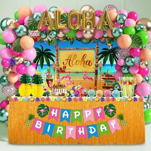 Luau Birthday Party Decorations Hawaiian Party Decorations 169 Pcs Tropical Aloha Party Supplies for Summer Beach Holiday Including Balloon Arch Kit Backdrop Table Skirt Banner Cake Toppers Straws