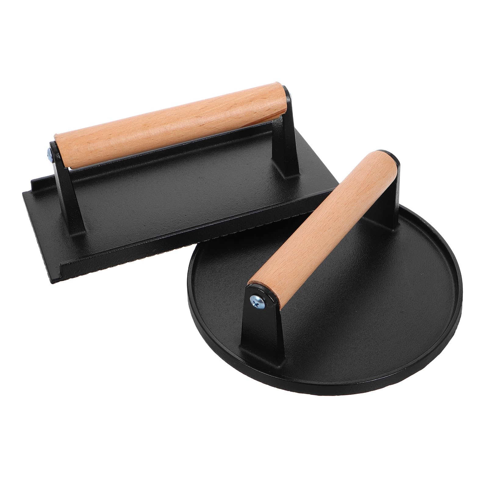 Prensa Formas Redonda y Rectangular con de Hierro Fundido para Hamburguesas Mango de Madera, 2 Piezas, Diseño sin Recubrimiento y Adecuado para Cocina Asados