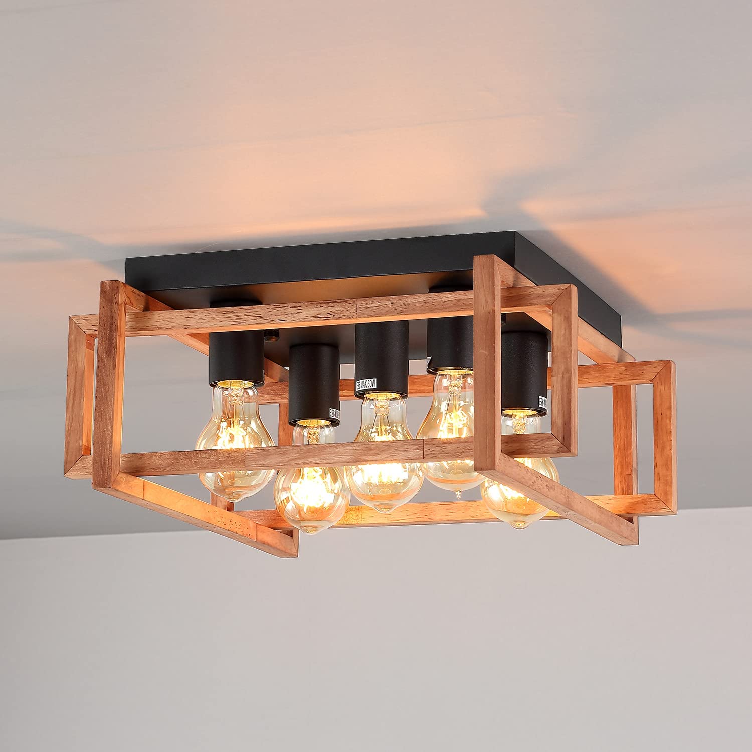 Flush Mount Ceiling Light Fixture,5-Light Rustic Retro Wood Ceiling Light,Black Metal Farmhouse Ceiling Light Fixtures,Suitable for Living Rooms, Kitchens, Islands, Bedrooms, Corridors