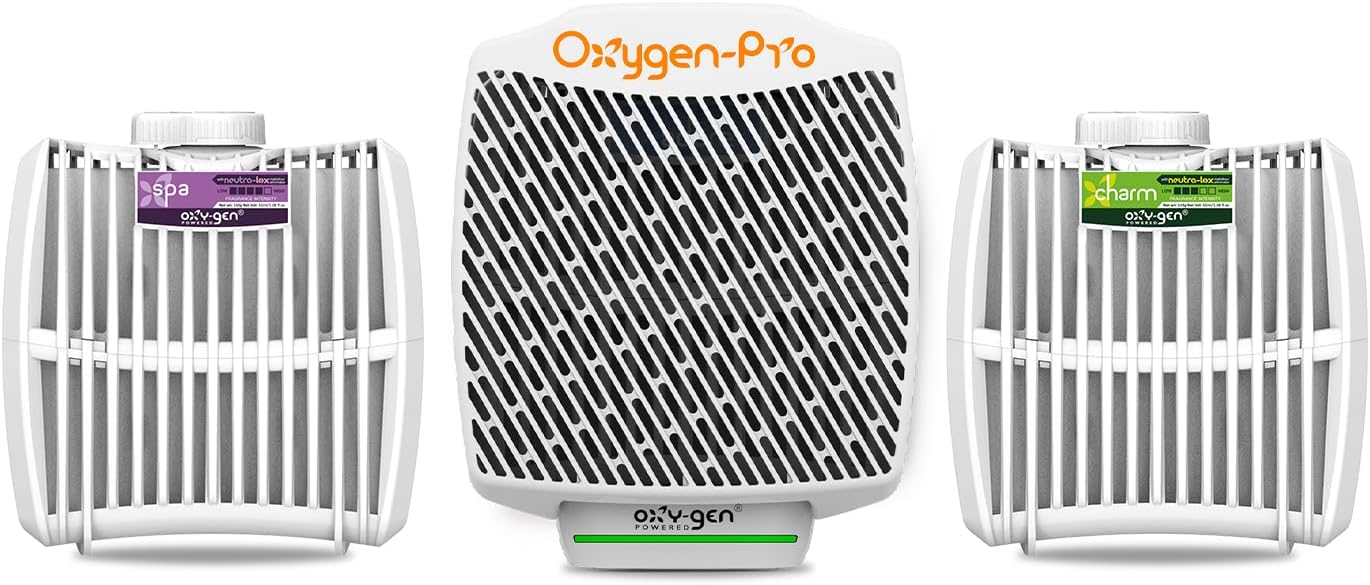 Oxygen-Pro - Starter Kit - Commercial Air Freshener and Deodorizer, Wall Mounted, Battery Operated Automatic Dispenser, Odor Eliminator, and Fragrancing System (Medium Scent) 120 Day Supply